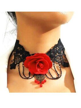 Choker Necklace Rose Collar Lace Dangle Beads Chains Goth Vamp Trendy Sexy Glam